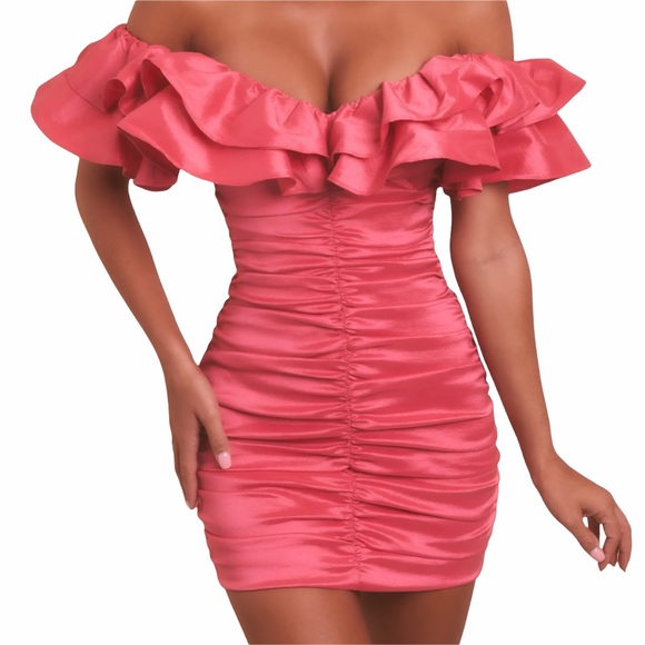 Oh Polly | Dresses | Oh Polly Dreaming Out Loud Bardot Ruffle Mini Dress In  Hot Pink | Poshmark